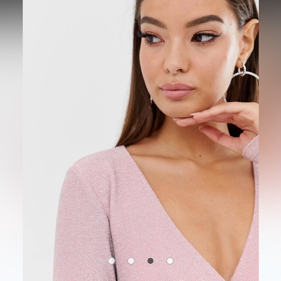 ASOS x The Girlcode Long Sleeve Drape Pink Glitter Mini Dress Clubwear NWT - Picture 3 of 9